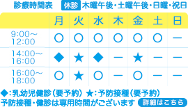 浦和美園の小児科みそのこどもクリニックの診療時間表：午前9:00～12:00、午後14:00～18:00｜休診日：土曜午後、日曜、祝日